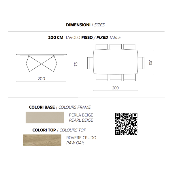 WALL Fester 200-cm-Tisch mit beigefarbenem Metallgestell und roher Eichenplatte