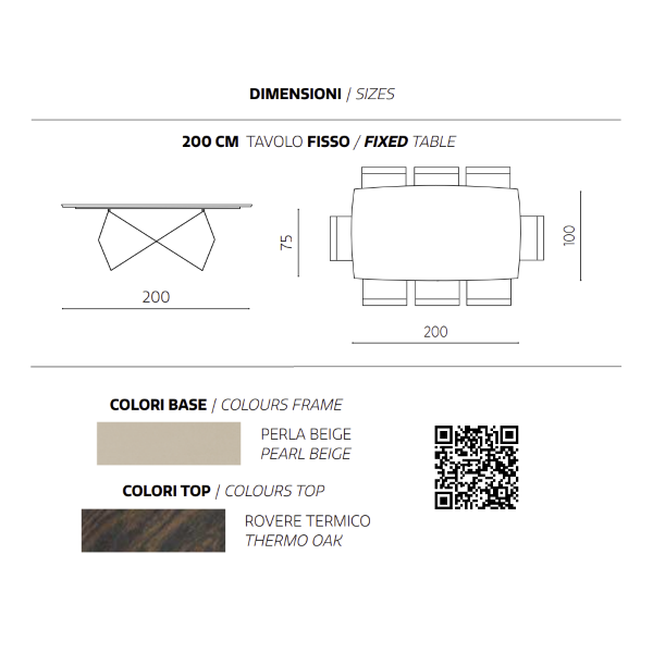 Fester WALL-Tisch, 200 cm, mit beigem Metallgestell und Platte aus Thermoeiche