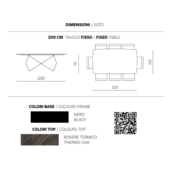 Table fixe WALL 200 cm avec piètement en métal noir et plateau en chêne thermique
