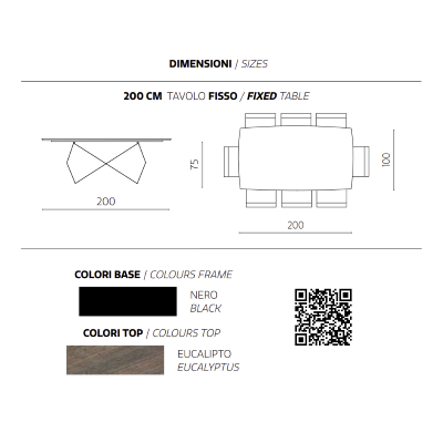 WALL 200 cm fester Tisch mit schwarzem Metallgestell und Eukalyptusplatte