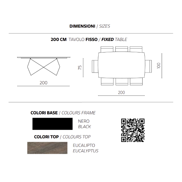 WALL 200 cm fester Tisch mit schwarzem Metallgestell und Eukalyptusplatte
