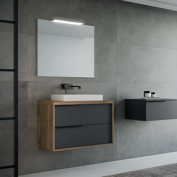 Suspended bathroom cabinet 80 cm ISIDE Walnut and Matt Graphite with ceramic sink