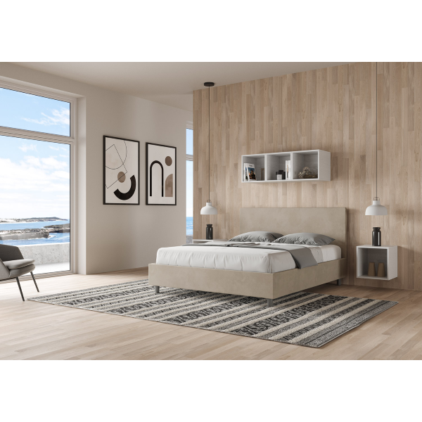 Storage bed with bed frame 160x200 upholstered microfibre Adele sand