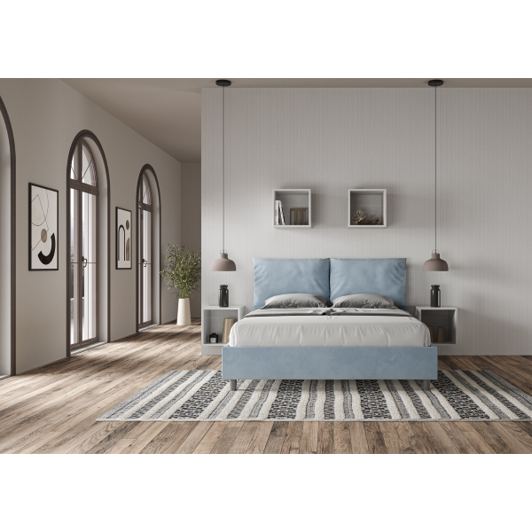 Bed with bed frame 160x200 upholstered microfibre Antea light blue