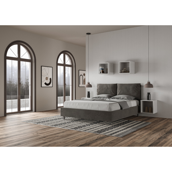 Cama con almacenaje acolchada 160x200 microfibra gris Antea