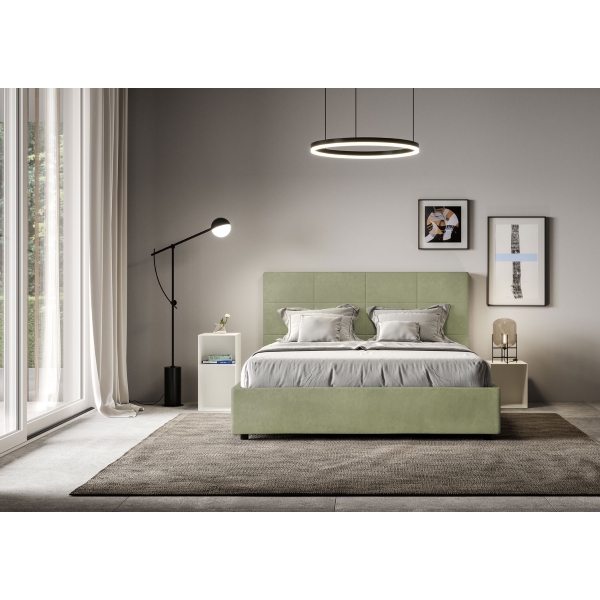 Cama con almacenaje acolchada 160x200 microfibra verde Mika