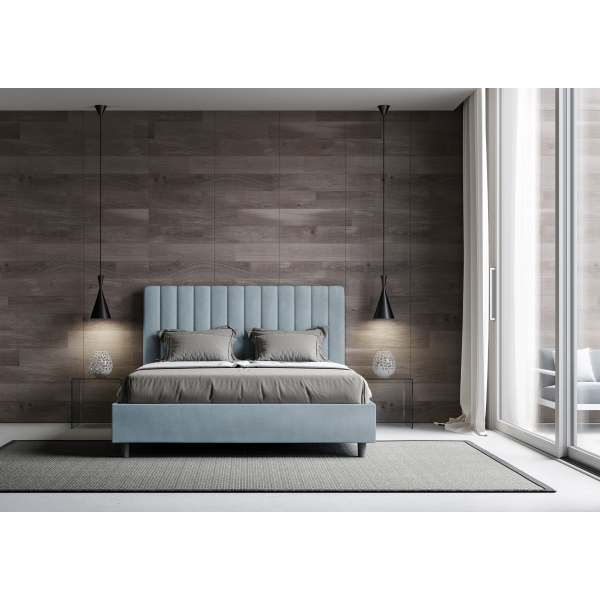 Storage bed with bed frame 160x190 upholstered microfibre Agueda light blue