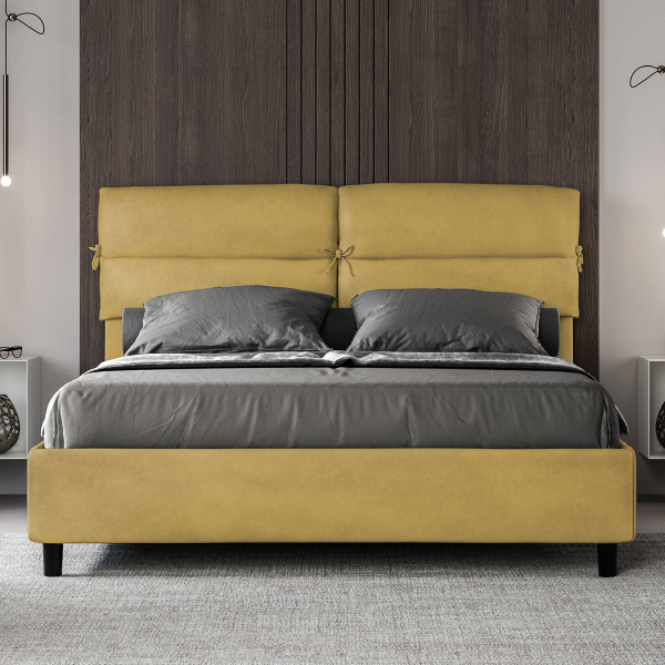 Bed with bed frame 160x200 upholstered microfibre Nandy ochre