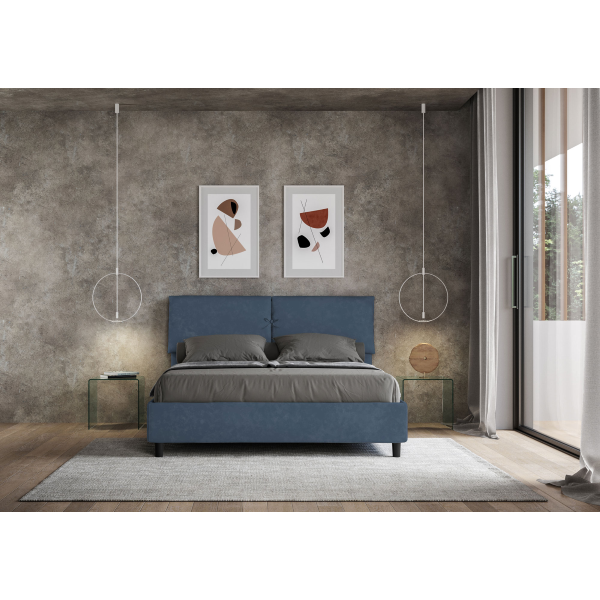 Storage bed with bed frame 160x200 upholstered microfibre Mados blue