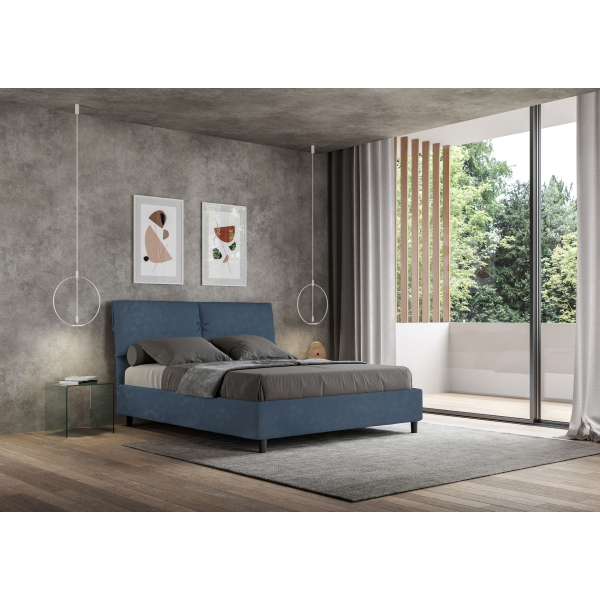 Storage bed with bed frame 160x200 upholstered microfibre Mados blue