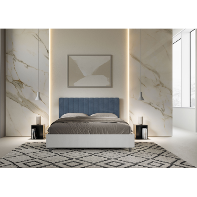 Bett mit Lattenrost 160x190 Bettgestell Esche weiß Bett-Kopfteil mit Mikrofaserbezug Blau Kaia