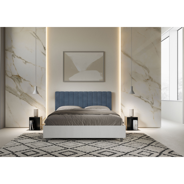 Bett mit Lattenrost 160x190 Bettgestell Esche weiß Bett-Kopfteil mit Mikrofaserbezug Blau Kaia