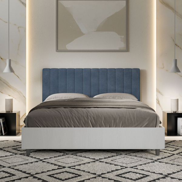 Cama con almacenaje 160x190 estructura fresno blanco cabecero microfibra azul Kaia
