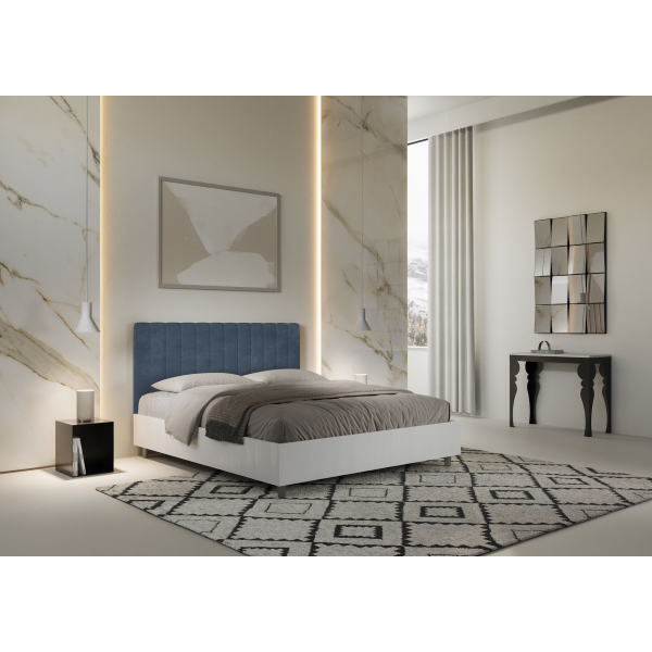 Cama con almacenaje 160x190 estructura fresno blanco cabecero microfibra azul Kaia