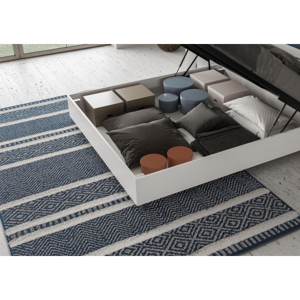 Cama con almacenaje 160x190 estructura fresno blanco cabecero microfibra azul Kaia