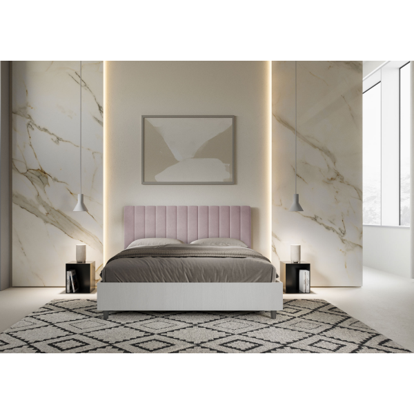 Bett mit Lattenrost 160x200 Bettgestell Esche weiß Bett-Kopfteil mit Mikrofaserbezug Fliederfarbe Kaia