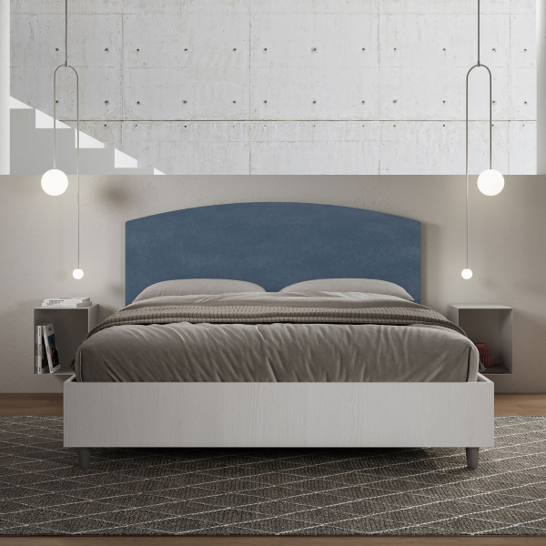 Bett mit Bettkasten 160x190 Bettgestell Esche weiß Bett-Kopfteil mit Mikrofaserbezug Blau Antilia