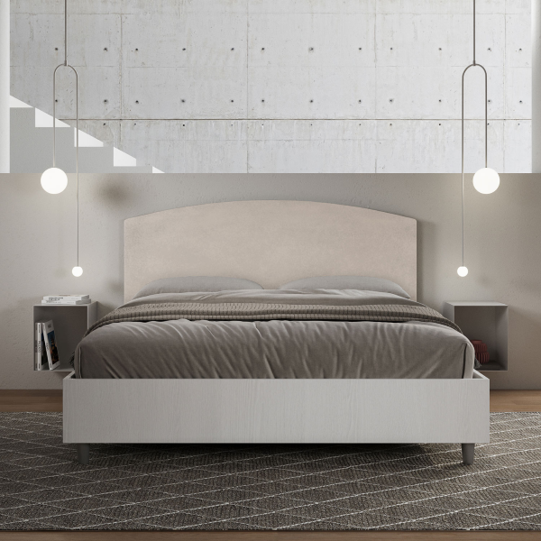 Cama con almacenaje 160x190 estructura fresno blanco cabecero microfibra arena Antilia