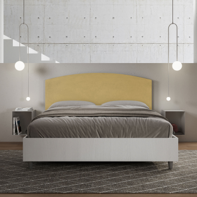 Cama con almacenaje 160x200 estructura fresno blanco cabecero microfibra ocre Antilia