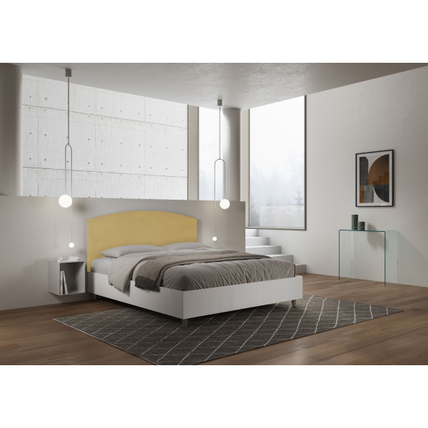 Cama con almacenaje 160x200 estructura fresno blanco cabecero microfibra ocre Antilia