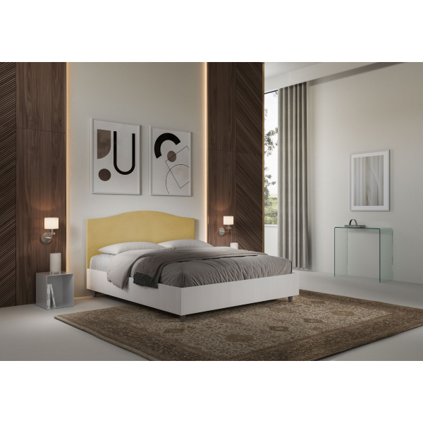 Bett mit Bettkasten 160x200 Bettgestell Esche weiß Bett-Kopfteil mit Mikrofaserbezug Ocker Grace