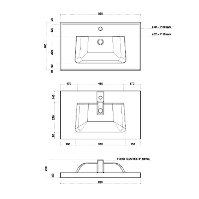 Unterschrank für Hängeelement 2 Schubladen 82 cm mit Waschbecken GRACE4 Blech oxidiert/Weiß glänzend
