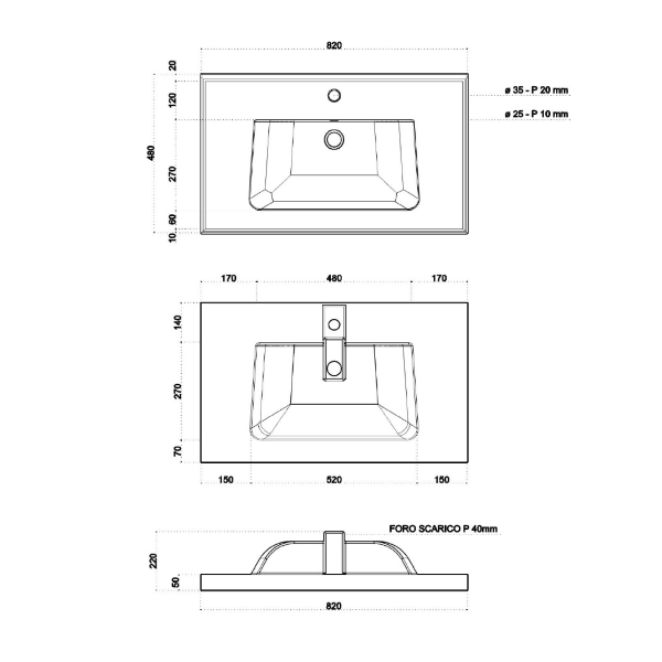 Unterschrank für Hängeelement 2 Schubladen 82 cm mit Waschbecken GRACE4 Blech oxidiert/Weiß glänzend