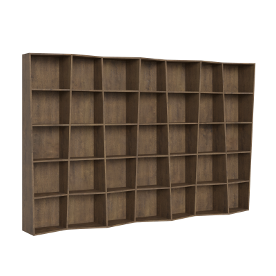 Walnut wooden bookcase 317x200h cm with 7 elements and trapezoidal compartments TREK