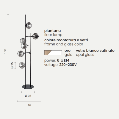 JEWEL Stehleuchte aus goldfarbenem Metall und weißem Glasdiffusor, H166 cm