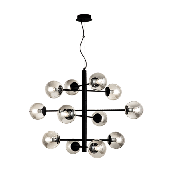 Lámpara colgante ELISEO de 12 luces en metal negro y cristal soplado ahumado 97 cm