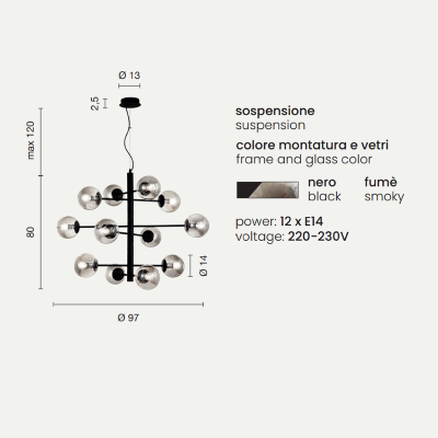Lámpara colgante ELISEO de 12 luces en metal negro y cristal soplado ahumado 97 cm