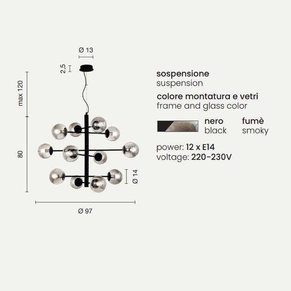 Lámpara colgante ELISEO de 12 luces en metal negro y cristal soplado ahumado 97 cm