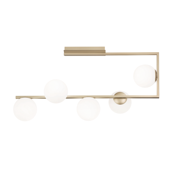 Deckenleuchte MONILE aus goldfarbenem Metall und weißen Diffusoren aus mundgeblasenem Glas mit 5 Lichtern 85x47 cm