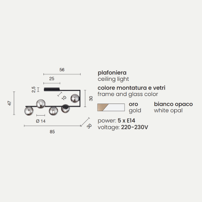 Deckenleuchte MONILE aus goldfarbenem Metall und weißen Diffusoren aus mundgeblasenem Glas mit 5 Lichtern 85x47 cm