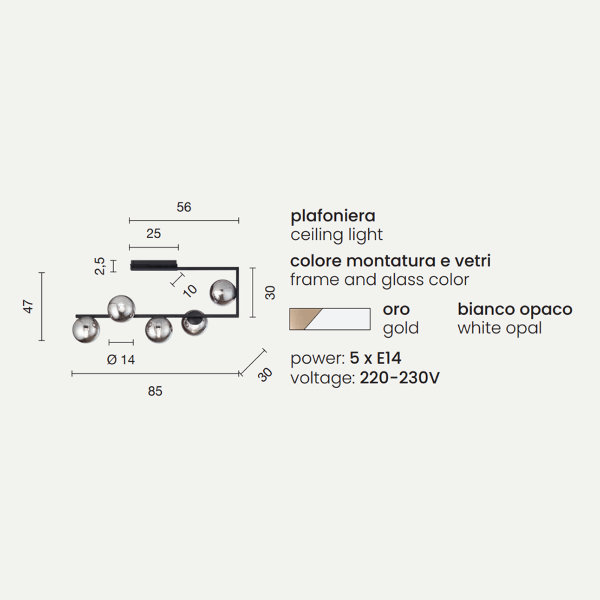 Deckenleuchte MONILE aus goldfarbenem Metall und weißen Diffusoren aus mundgeblasenem Glas mit 5 Lichtern 85x47 cm