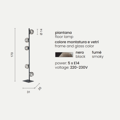 Piantana in metallo Nero con 5 diffusori in vetro Fumè MONILE H170 cm