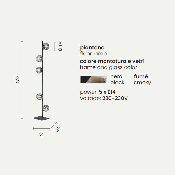 Piantana in metallo Nero con 5 diffusori in vetro Fumè MONILE H170 cm