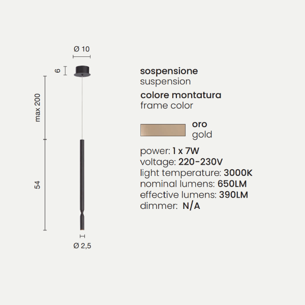 LED pendant lamp in TUBIC gold painted metal D10 cm 
