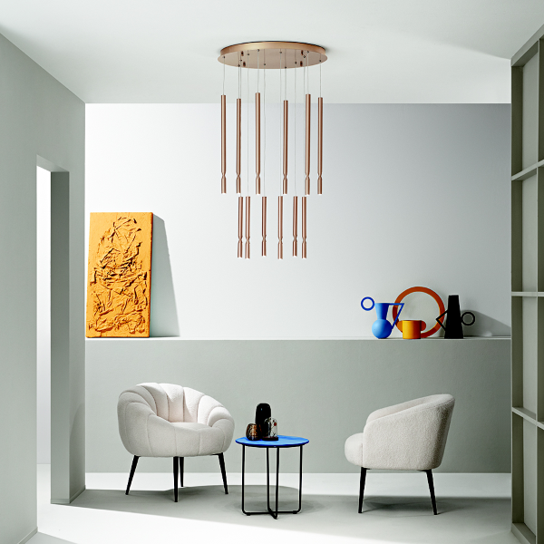 12-flammige LED-Pendelleuchte aus goldfarben lackiertem Metall TUBIC 60 cm