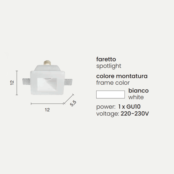 Faretto da incasso quadrato RUMBA in gesso verniciato Bianco 12x12 cm