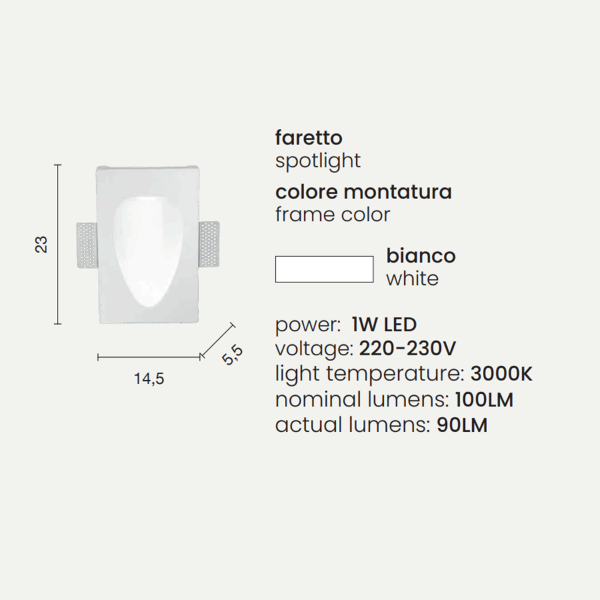 Lampe spot LED encastrable en plâtre peint Blanc SMOOTH 14x23 cm