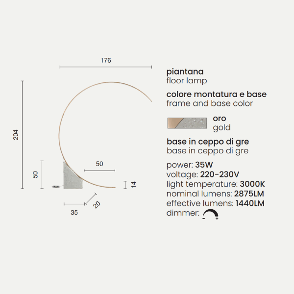 LED-Stehleuchte aus goldfarbenem Metall mit Grè RUNE-Holzsockel 176 x 204 cm