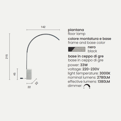 BIBLIO LED floor lamp in black metal and Grè log base 142x215 cm