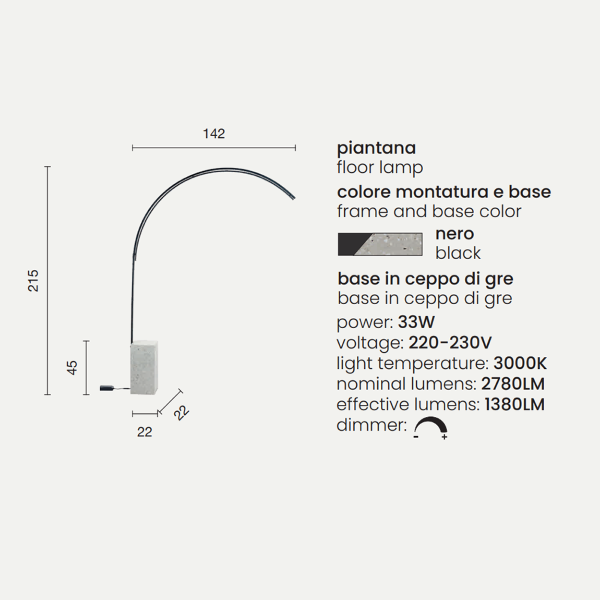 BIBLIO LED floor lamp in black metal and Grè log base 142x215 cm