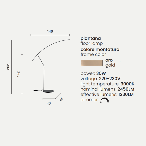 Modern LED floor lamp in FOLAGA gold metal 146x202 cm
