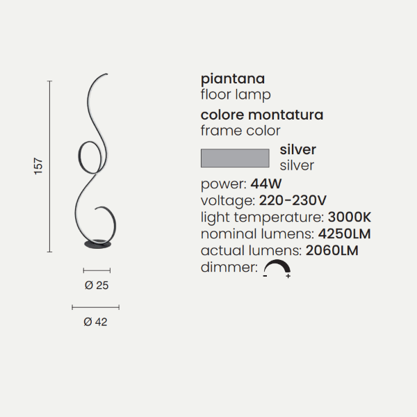 Lampadaire FLOK LED en métal peint ARGENT H157 cm