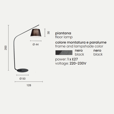 Lampadaire LIANA 128x200 cm avec structure en métal noir et abat-jour en PVC