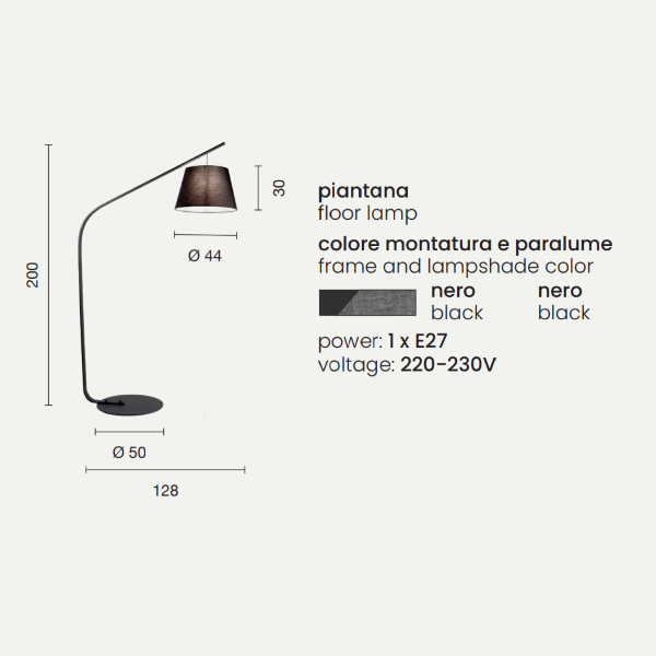 Lampadaire LIANA 128x200 cm avec structure en métal noir et abat-jour en PVC