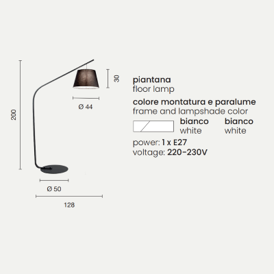 Lampadaire LIANA 128x200 cm avec structure en métal blanc et abat-jour en PVC