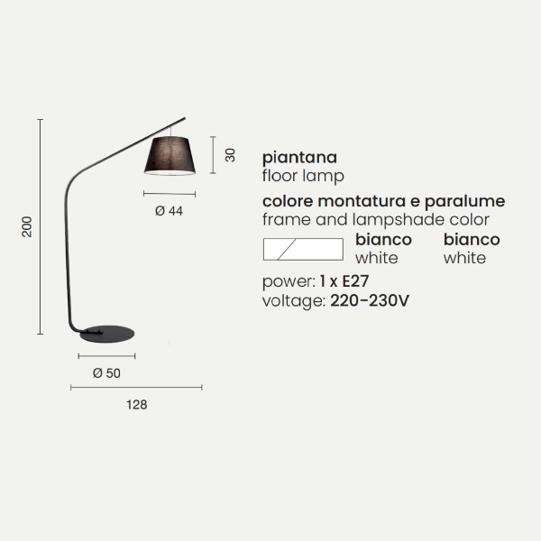 Lampadaire LIANA 128x200 cm avec structure en métal blanc et abat-jour en PVC